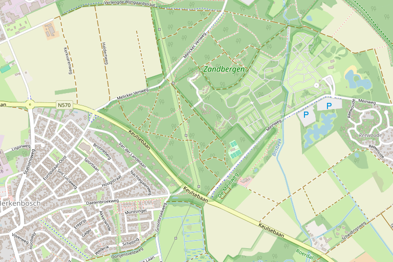 Detailkaart van het bosgebied bij de Keulsebaan en Melicker Venweg in Herkenbosch