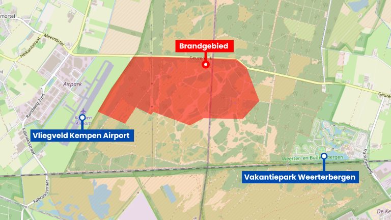 Kaart: Dit is het gebied van de brand bij militair oefenterrein Weert
